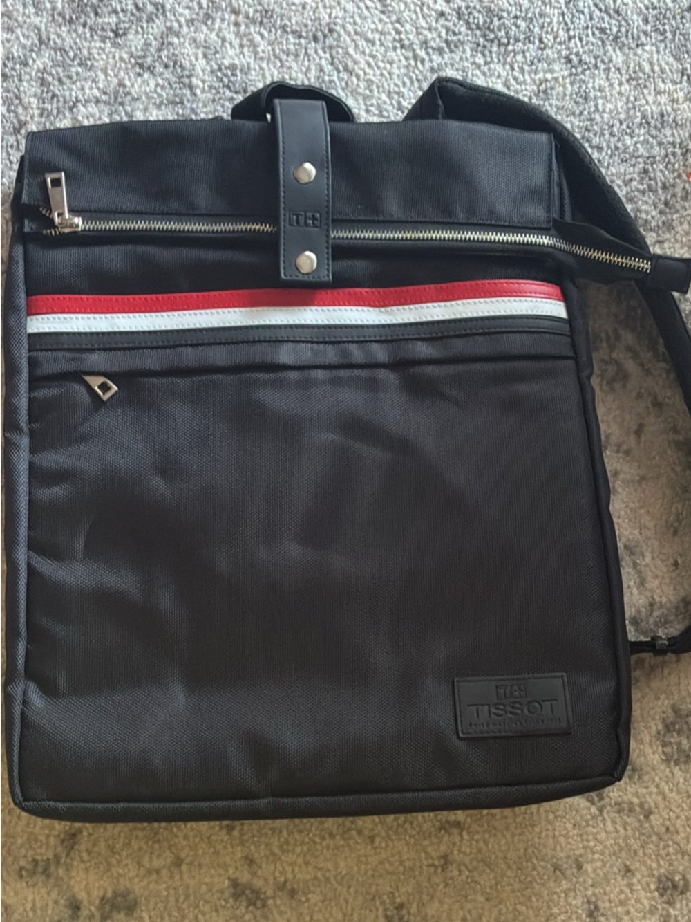 Tissot Black Laptop Crossbody Bag with Red & White Stripes